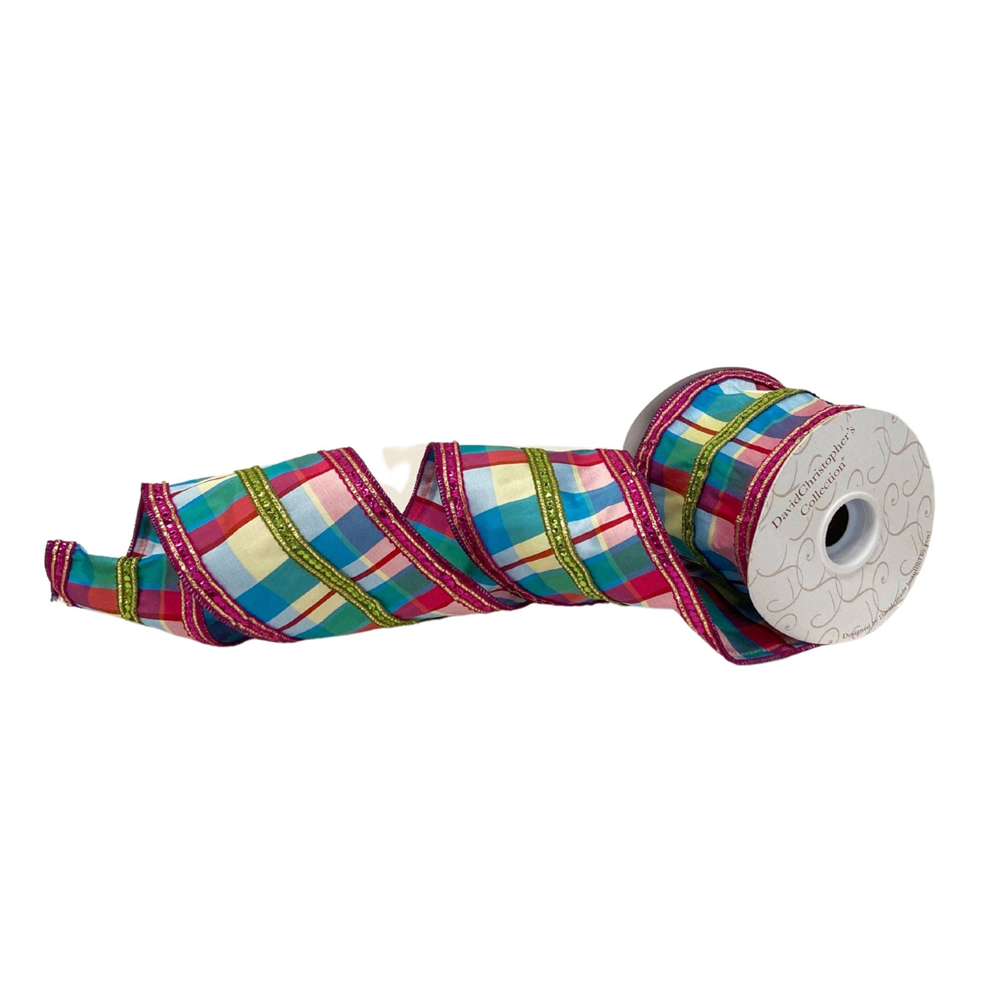 Blue Multi Plaid Ribbon w/ pink sequin edge 4” x 10yd
