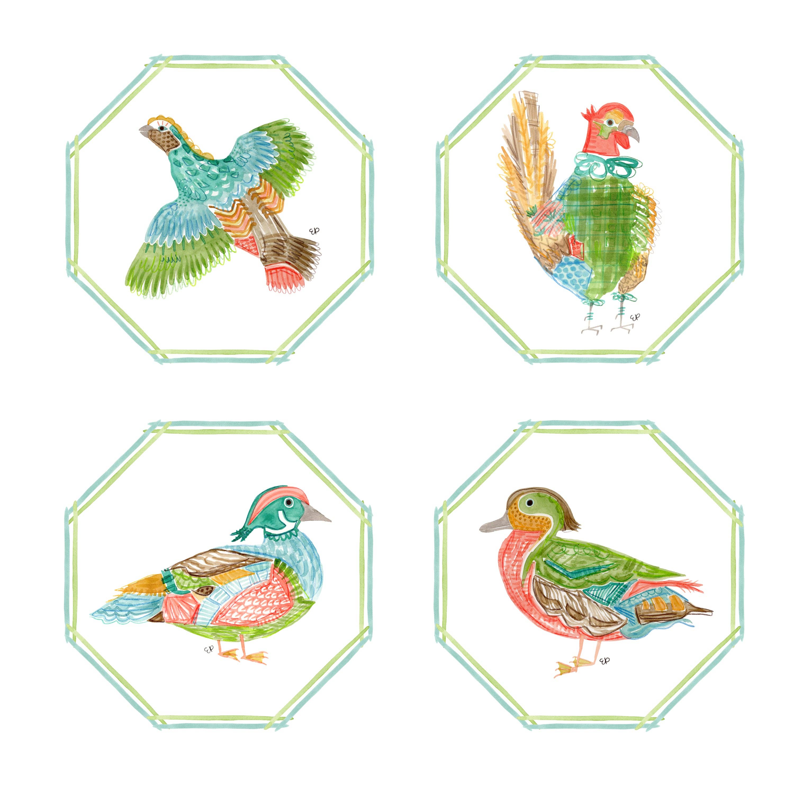 OCTAGONAL TWO SIDED ELIZA PRICE SET OF 4 GAME BIRD PLACEMATS
